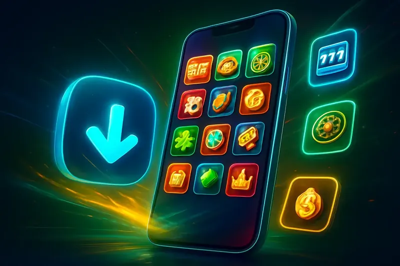 Premium Casino App Glossy smartphone casino app banner with neon download icon and glowing tiles