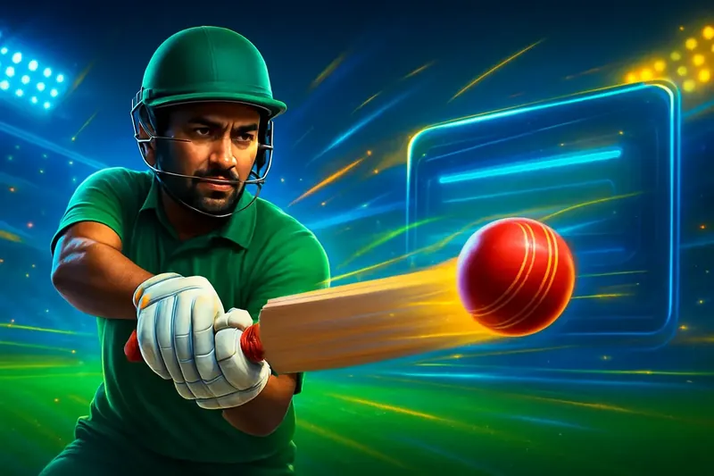 Cricket Sportsbook Action Cricket batter striking ball under stadium lights for sportsbook banner
