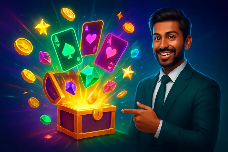 Reward Chest Burst Glowing reward chest with cards, gems, coins, and stars bursting outward