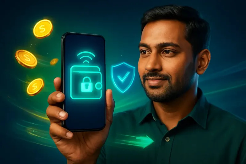 Hand holding smartphone with secure mobile wallet, coins, and speed light trails