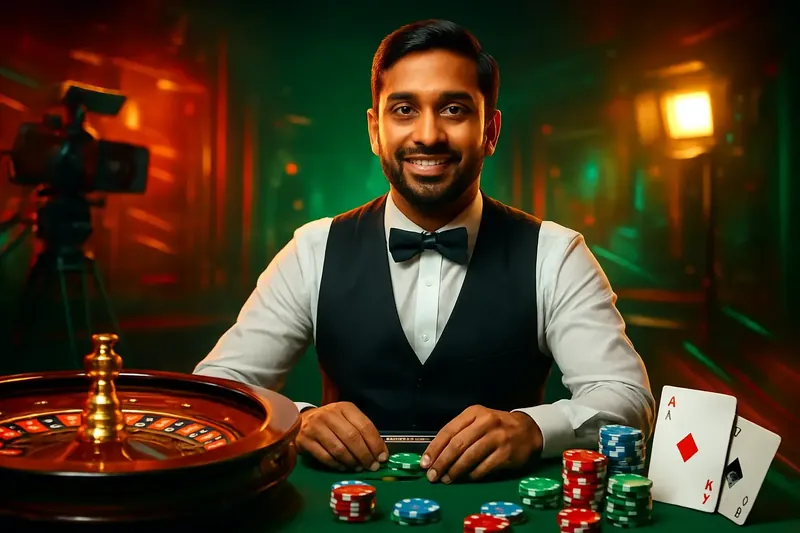 Live Dealer Banner Friendly professional live dealer with roulette, cards, chips, and studio lights