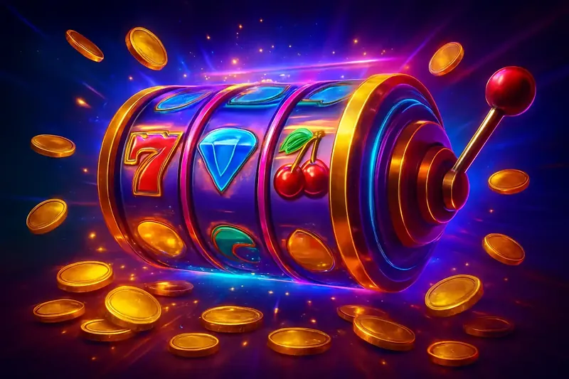 Explosive Slot Banner Colorful spinning slot machine with coins, sparkles, and neon casino glow